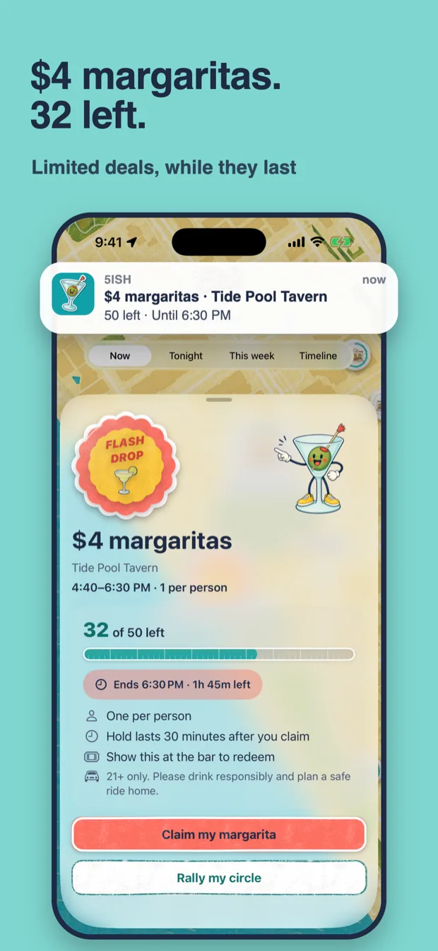 A flash drop push notification, $4 margaritas at Tide Pool Tavern, over the drop page: offer, hours, one per person, with a counter of what is left