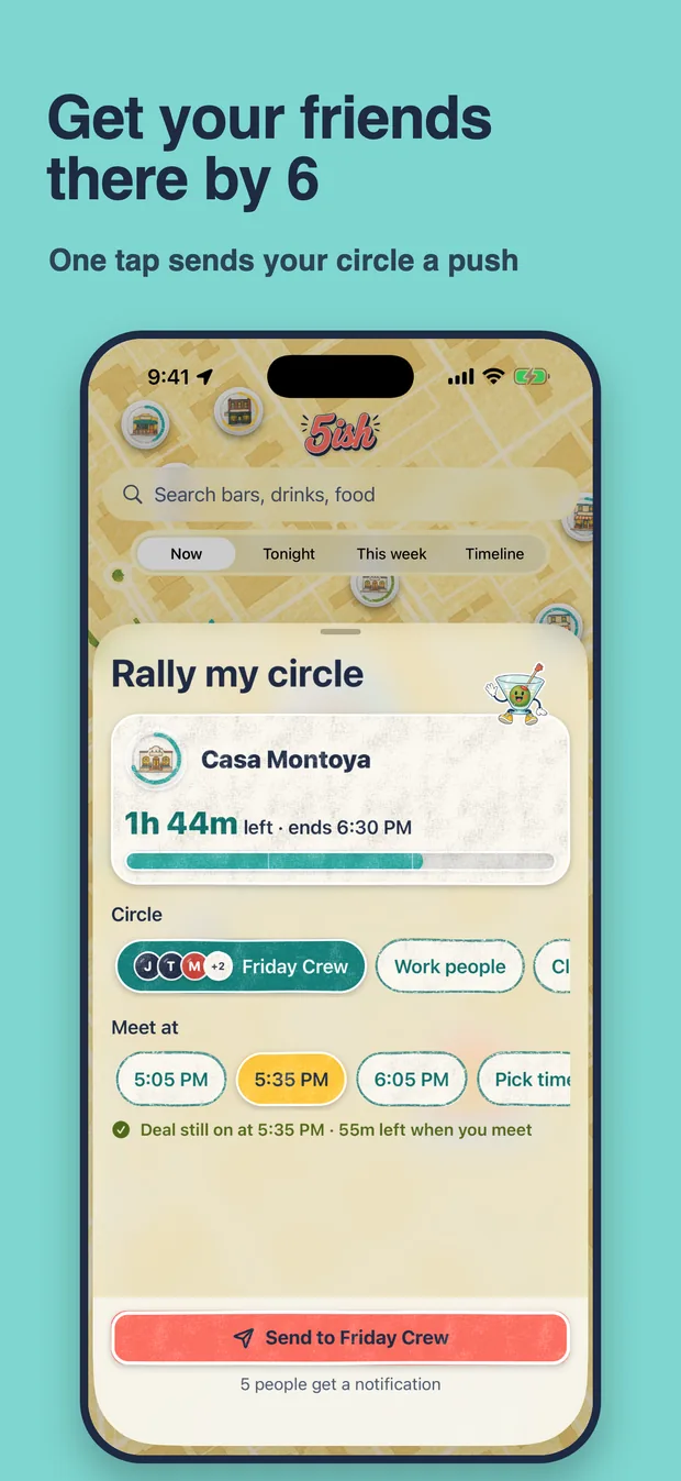 Rally my circle: pick a circle and a meet time, then send the notification