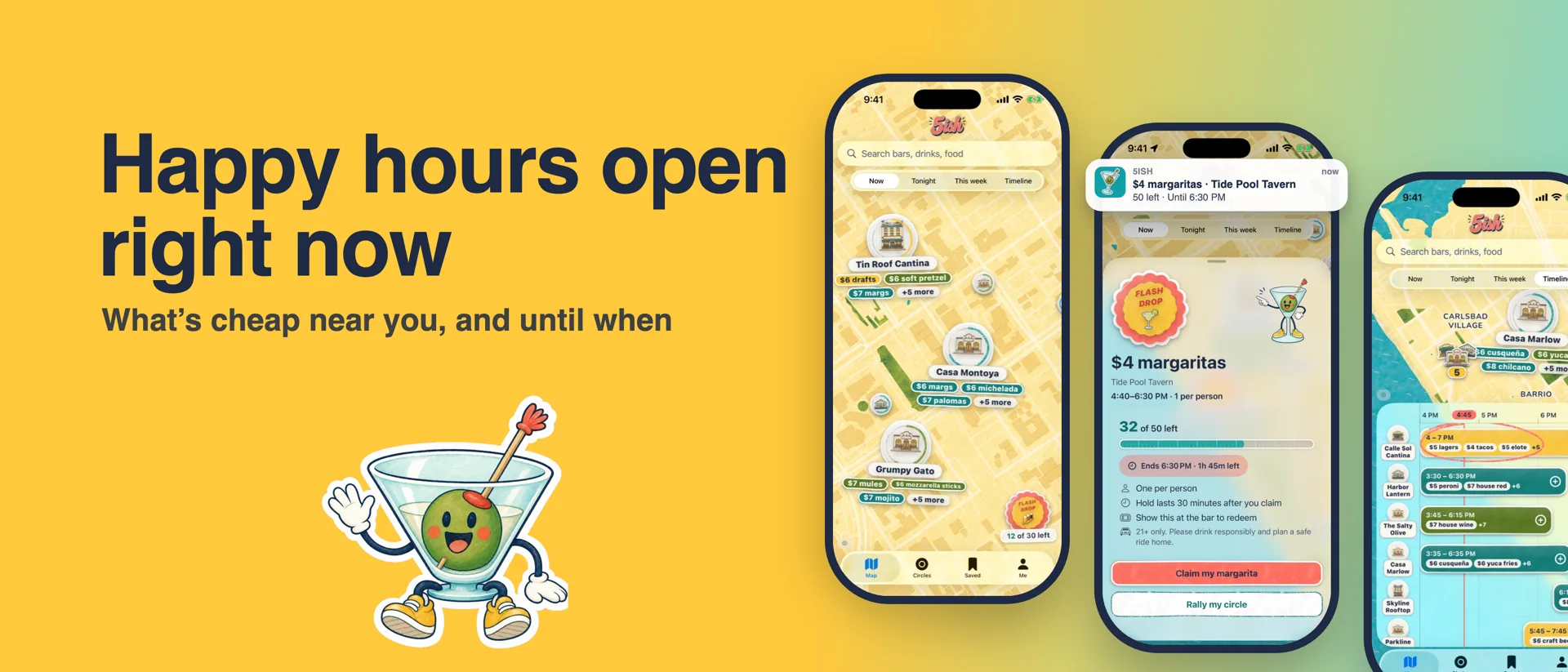 5ish on iPhone: the map, a bar page with its happy hour deals, and the Timeline